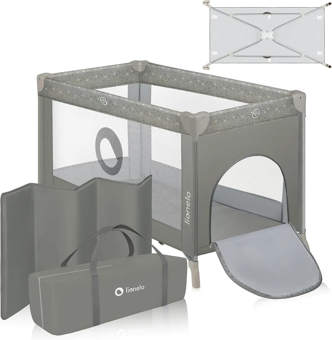 lionelo Stefi Cuna de Viaje para Bebé Apertura Lateral, Colchoneta 120x60 cm, Sistema LockGuard, Lados de Malla Transpirable, Bolsa de Transporte Incluida