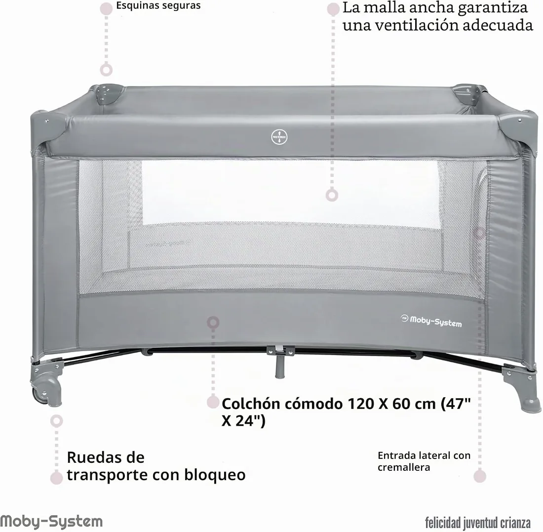 Moby-System Cuna de Viaje para Bebé – Parque Cuna 2 en 1 con Colchón Plegable, 2 Alturas, Ruedas con Freno y Bolsa – Cuna Plegable con Entrada Lateral y Cambiador foto 2