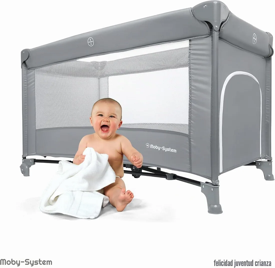 Moby-System Cuna de Viaje para Bebé – Parque Cuna 2 en 1 con Colchón Plegable, 2 Alturas, Ruedas con Freno y Bolsa – Cuna Plegable con Entrada Lateral y Cambiador foto 3