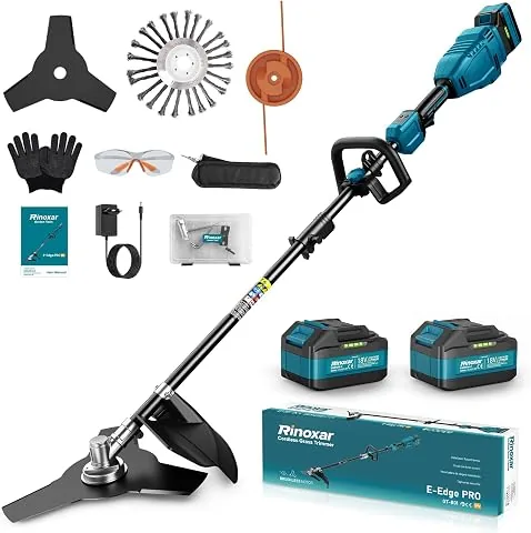 Desbrozadora a Batería Brushless, Cortabordes Electrica 26 cm con Motor Delantero, 2 x 5200mAh, 8000/12000 RPM, 3 Cuchillas, Barra Ajustable y Empuñadura en D, para Césped, Bordes y Jardín foto 3