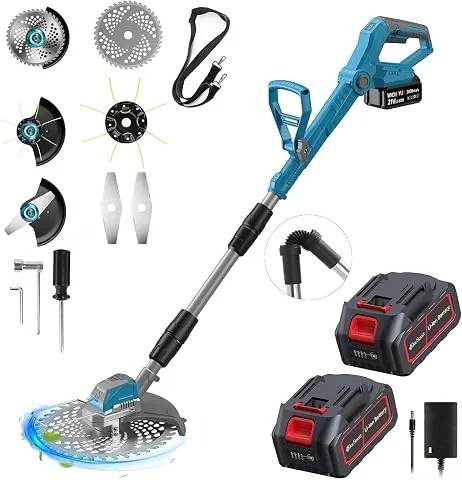 Desbrozadora Batería 21V 3 en 1 con 2 Baterías 4,0Ah, Cortabordes Eléctrico Brushless 1000W, 5000 RPM, Pantalla LCD, Mango Telescópico y Cuchillas para Césped, Malas Hierbas y Arbustos