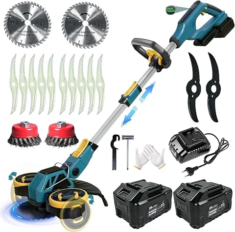 Desbrozadora Bateria 21V, Cortabordes Bateria Brushless con 2 Baterías 4,0Ah, Cepillo de Malas Hierbas, Desbrozadora Electrica 4 En 1 con Ruedas, Cortacesped Electrico Telescópico, Azul
