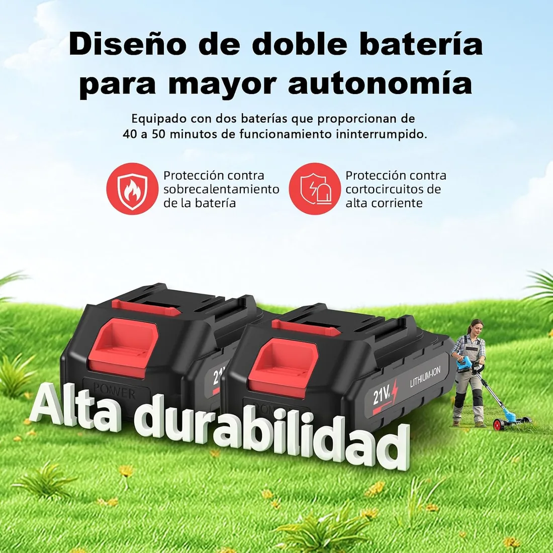 Desbrozadora Batería 21V, Desbrozadora Eléctrica, Equipado con 2 Baterías de 2.0Ah, 4 Cuchillas de Alta Eficiencia y Mango Ajustable, para Uso en Hogar, Patio y Jardín