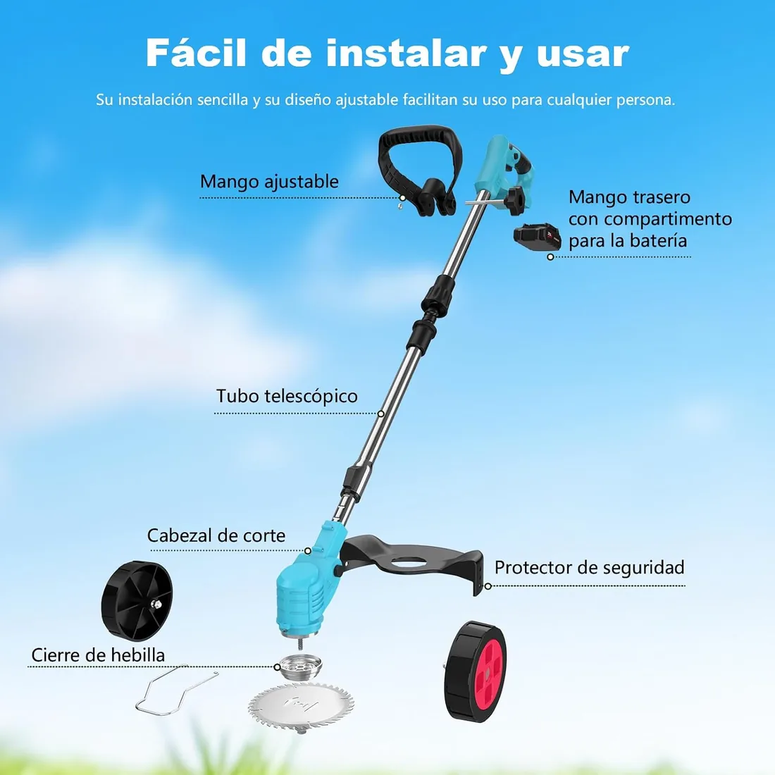 Desbrozadora Batería 21V, Desbrozadora Eléctrica, Equipado con 2 Baterías de 2.0Ah, 4 Cuchillas de Alta Eficiencia y Mango Ajustable, para Uso en Hogar, Patio y Jardín foto 2