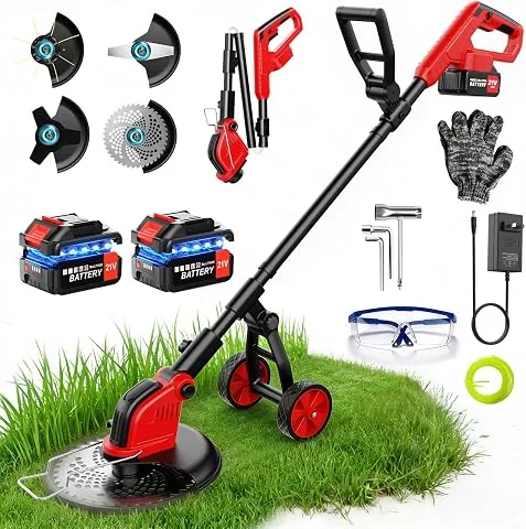 Desbrozadora Batería 4-en-1 con Rueda, Desbrozadora Electrica 12 Pulgadas, 20000 RPM, esbrozadoras con 2 x 3000 mAh Baterías, 4 Tipos de Cuchillas, Cortadora de Césped Multifunción para Jardín foto 2
