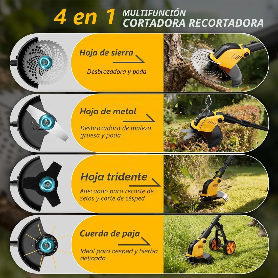 Desbrozadora Bateria con Ruedas,30CM Desbrozadora Electrica con 2 * 3.0 Ah Baterías y Cargador,Motor sin Escobillas 800W,Cortadora de Césped con 4 Tipos de Cuchillas para Recortar Césped y Arbustos foto 3