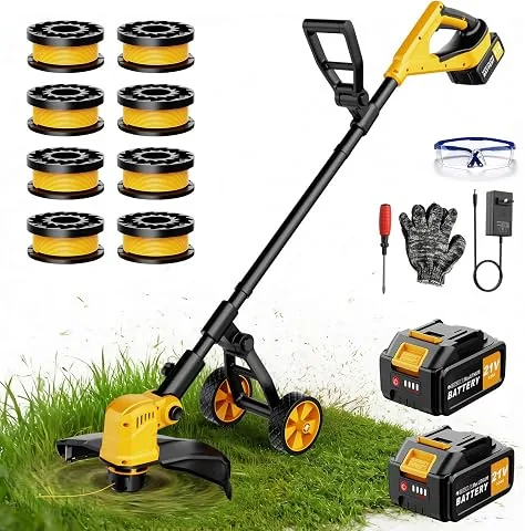 Desbrozadora con Batería de 14 Pulgadas con Ruedas, 20.000 RPM, 2 Baterías de 3000 mAh, Desbrozadora 4 en 1 con Motor sin Escobillas de 800 W, con 8 Bobinas de Repuesto, para Jardín y Patios foto 3