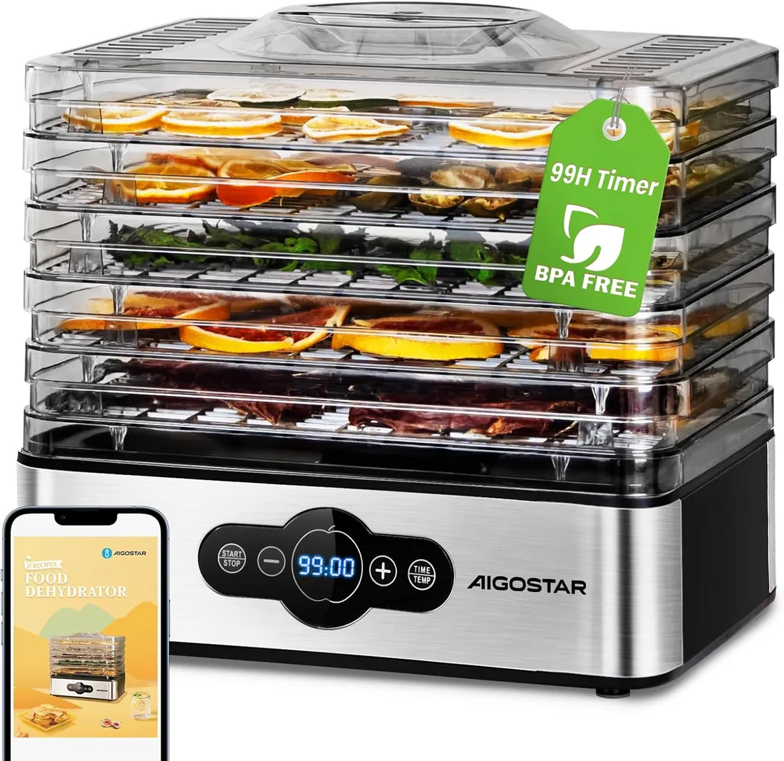Aigostar Deshidratador de Alimentos, Pantalla LED, Temporizador 99H, 240W | Deshidratador con 5 Bandejas Altura Regulable, Temperatura Ajustable 35-70°C, Silencioso, Libro de Recetas Digital, Sin BPA