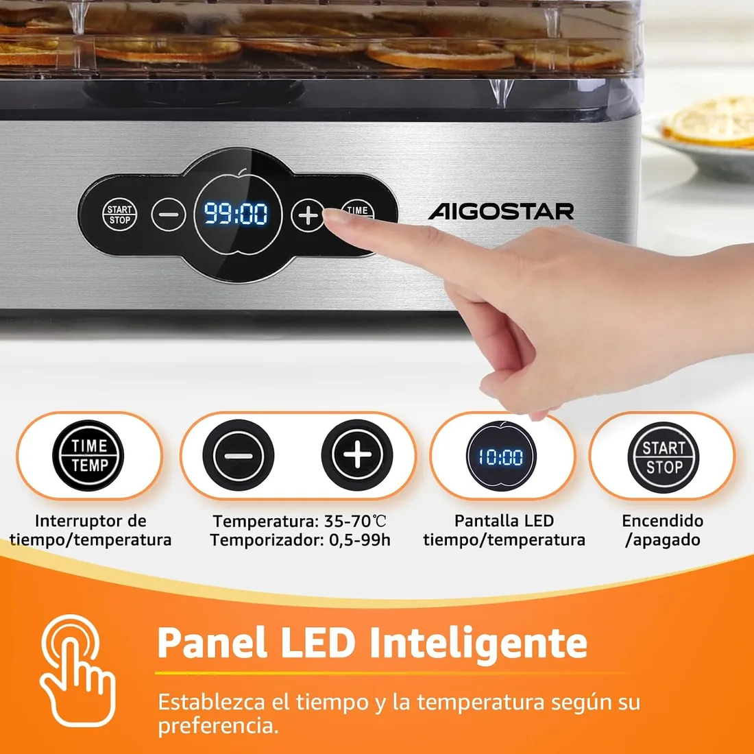 Aigostar Deshidratador de Alimentos, Pantalla LED, Temporizador 99H, 240W | Deshidratador con 5 Bandejas Altura Regulable, Temperatura Ajustable 35-70°C, Silencioso, Libro de Recetas Digital, Sin BPA foto 2