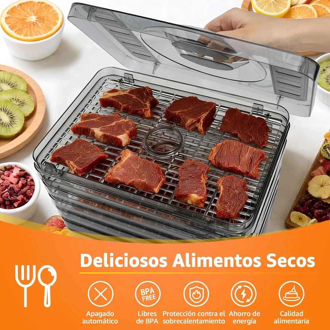 Aigostar Deshidratador de Alimentos, Pantalla LED, Temporizador 99H, 240W | Deshidratador con 5 Bandejas Altura Regulable, Temperatura Ajustable 35-70°C, Silencioso, Libro de Recetas Digital, Sin BPA foto 3