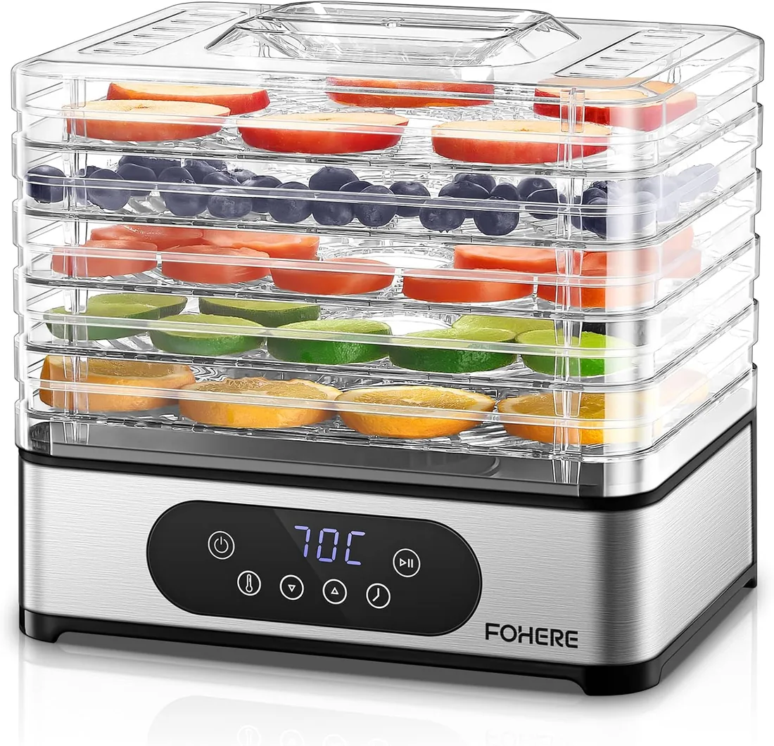 Deshidratador de Alimentos 420W FOHERE, Pantalla LED, Temperatura 35-70°C | Inox Deshidratadora con 5 Bandejas Altura Regulable, Temporizador 30 min a 48 hs - para Frutas, Carne, Verduras y Hierbas