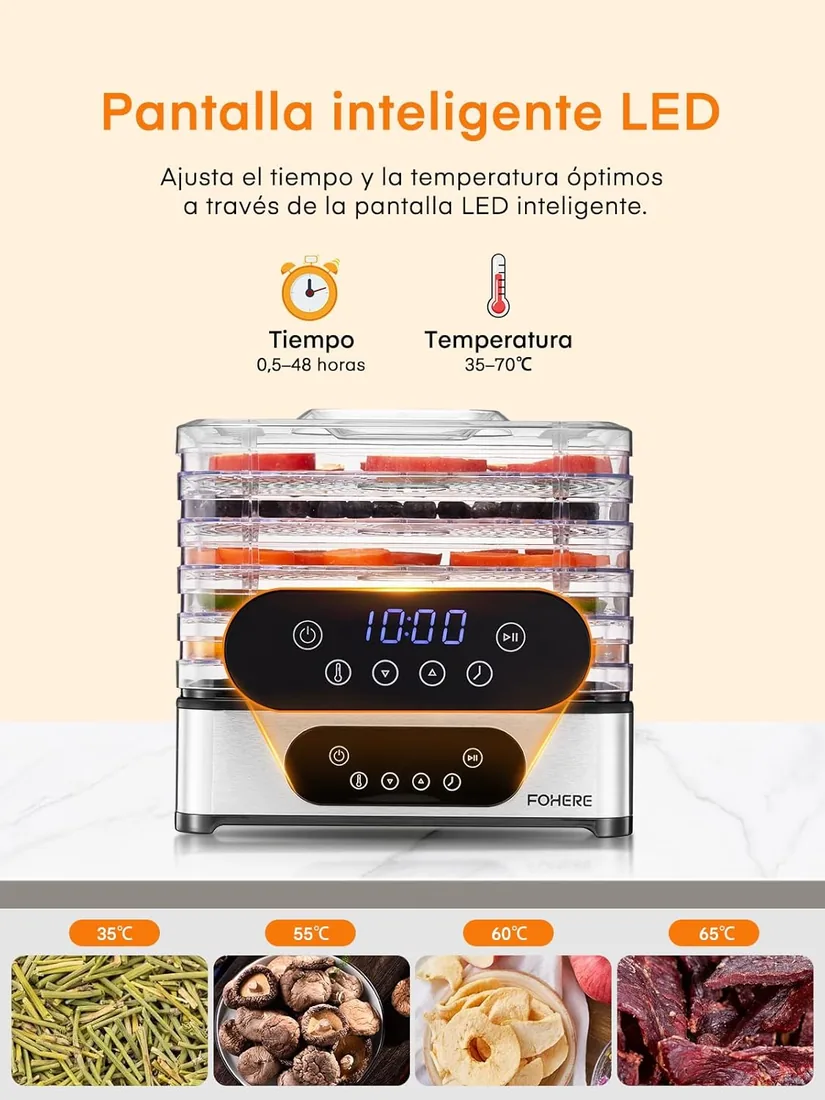 Deshidratador de Alimentos 420W FOHERE, Pantalla LED, Temperatura 35-70°C | Inox Deshidratadora con 5 Bandejas Altura Regulable, Temporizador 30 min a 48 hs - para Frutas, Carne, Verduras y Hierbas foto 2