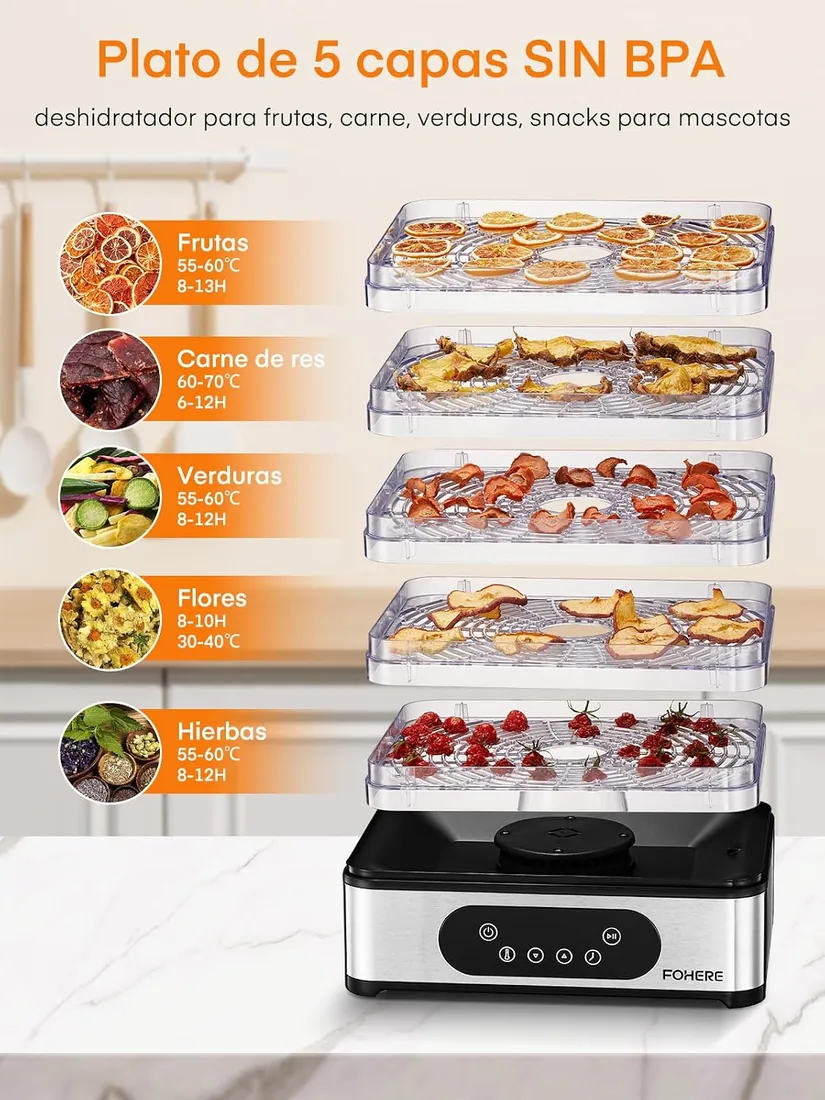 Deshidratador de Alimentos 420W FOHERE, Pantalla LED, Temperatura 35-70°C | Inox Deshidratadora con 5 Bandejas Altura Regulable, Temporizador 30 min a 48 hs - para Frutas, Carne, Verduras y Hierbas foto 3