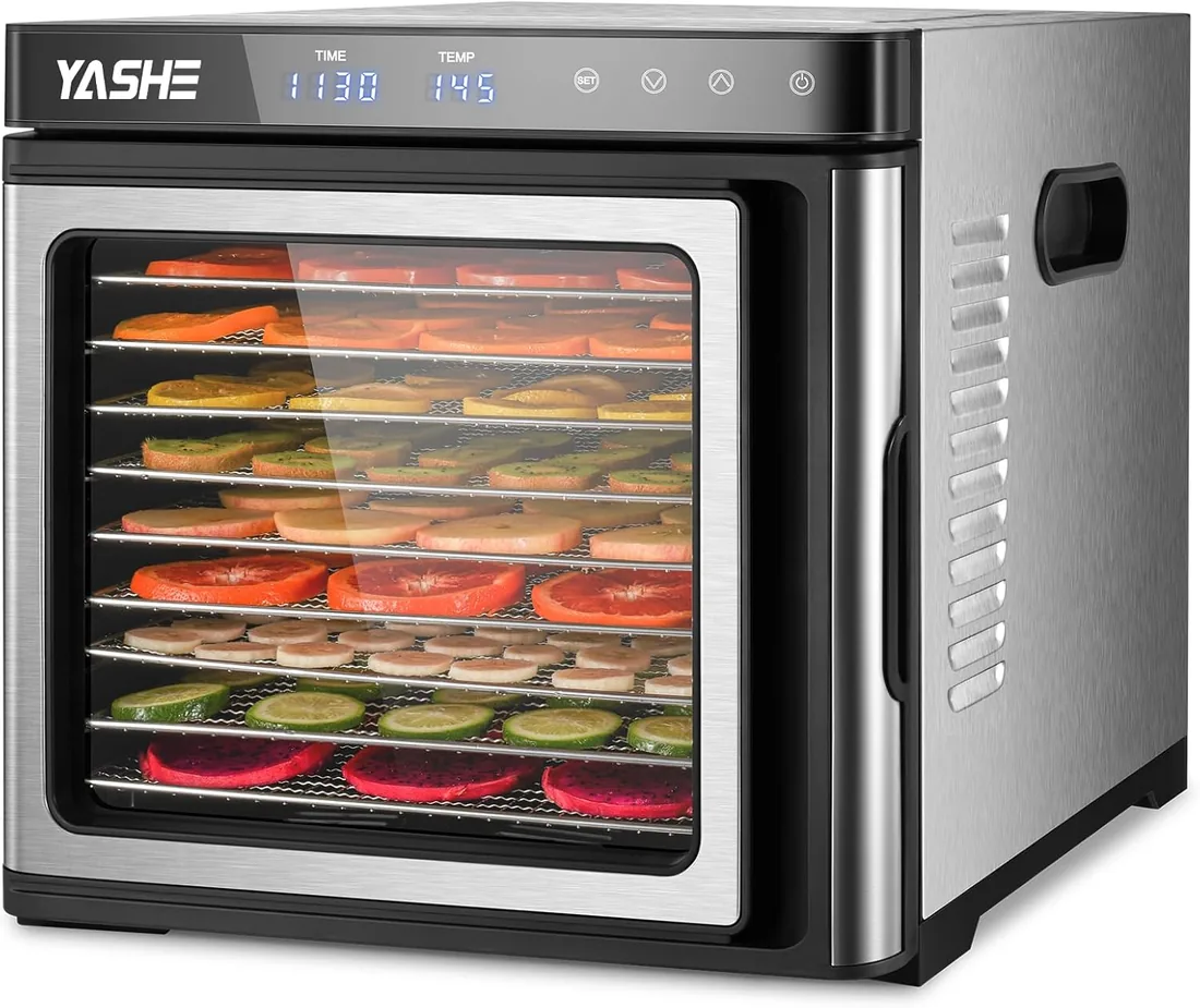 Desidratador de Alimentos de Acero Inoxidable, Control de Temperatura (35-75°C), Temporizador de 48 Horas, 9 Bandejas de Acero Inoxidable, 2 Tamices de Malla, 1 Bandeja para Rollos de Frutas, 1000W