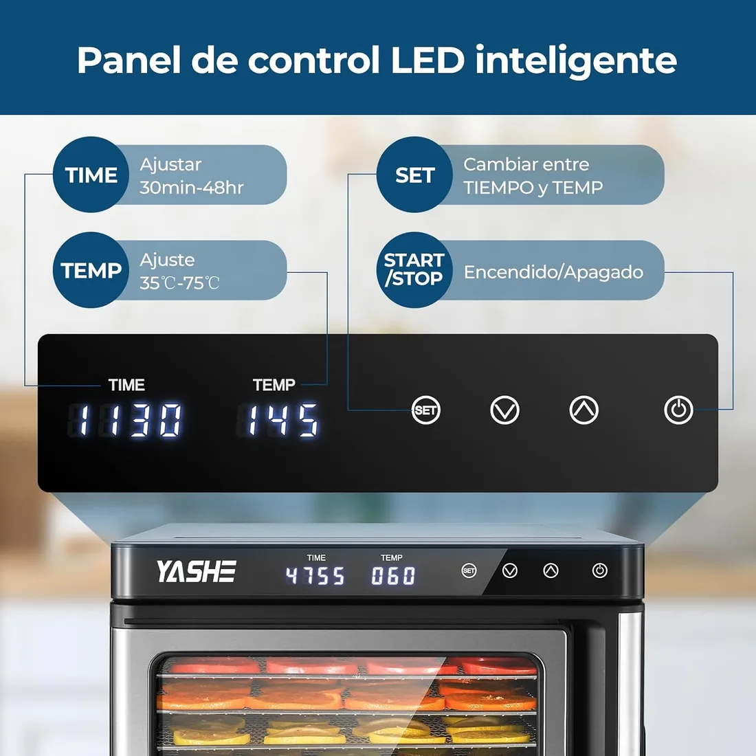 Desidratador de Alimentos de Acero Inoxidable, Control de Temperatura (35-75°C), Temporizador de 48 Horas, 9 Bandejas de Acero Inoxidable, 2 Tamices de Malla, 1 Bandeja para Rollos de Frutas, 1000W foto 2