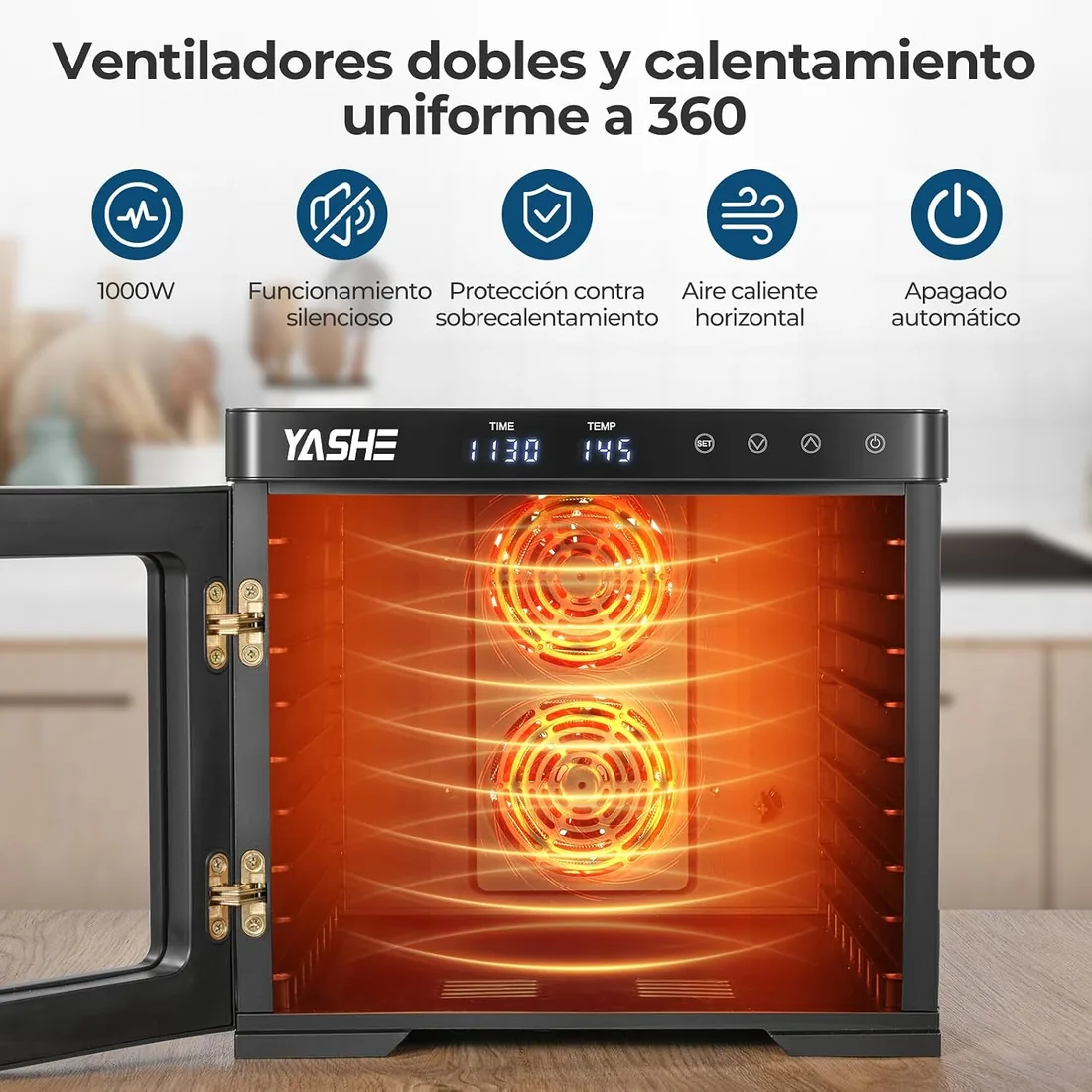 Desidratador de Alimentos de Acero Inoxidable, Control de Temperatura (35-75°C), Temporizador de 48 Horas, 9 Bandejas de Acero Inoxidable, 2 Tamices de Malla, 1 Bandeja para Rollos de Frutas, 1000W foto 3