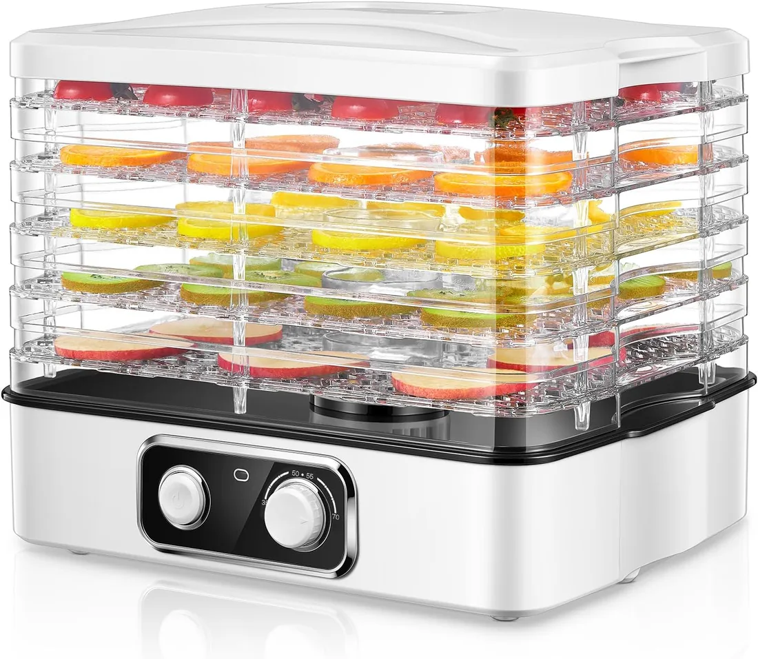 FOHERE Deshidratador de Alimentos, Temperatura Ajustable 35-70°C | Deshidratador de Frutas y Verduras con 5 Bandejas Ajustables, para Frutas, Carnes, Verduras y Hierbas, Receta