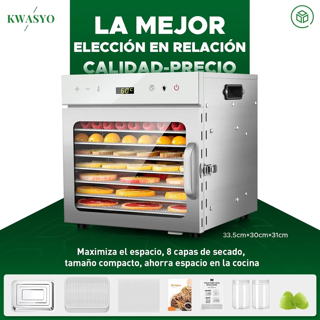 Kwasyo 8 Bandejas Deshidratador de Alimentos, Recetas Temperatura Ajustable 30-90℃, Acero Inoxidable Completo, Temporizador de 24 horas, Deshidratadora de Frutas, BPA Free foto 3