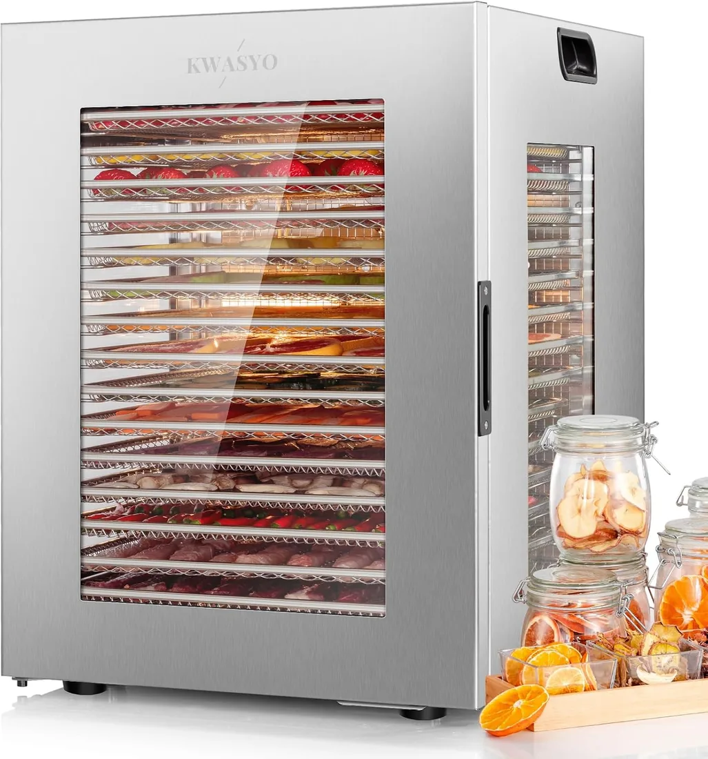 Kwasyo Deshidratador Alimentos 15 Bandejas Inox, 1200W Doble Ventilador, para Carne, Fruta, Snacks Perros, Hierbas, Temp. Ajustable 90°C, Temporizador 24H, Ventanas Múltiples, Secado Potente