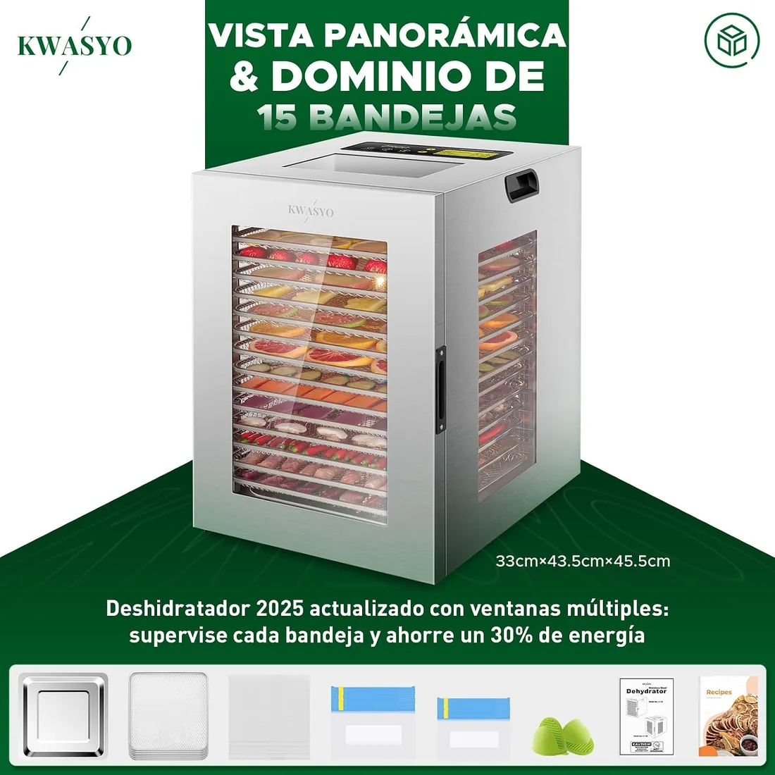 Kwasyo Deshidratador Alimentos 15 Bandejas Inox, 1200W Doble Ventilador, para Carne, Fruta, Snacks Perros, Hierbas, Temp. Ajustable 90°C, Temporizador 24H, Ventanas Múltiples, Secado Potente foto 3