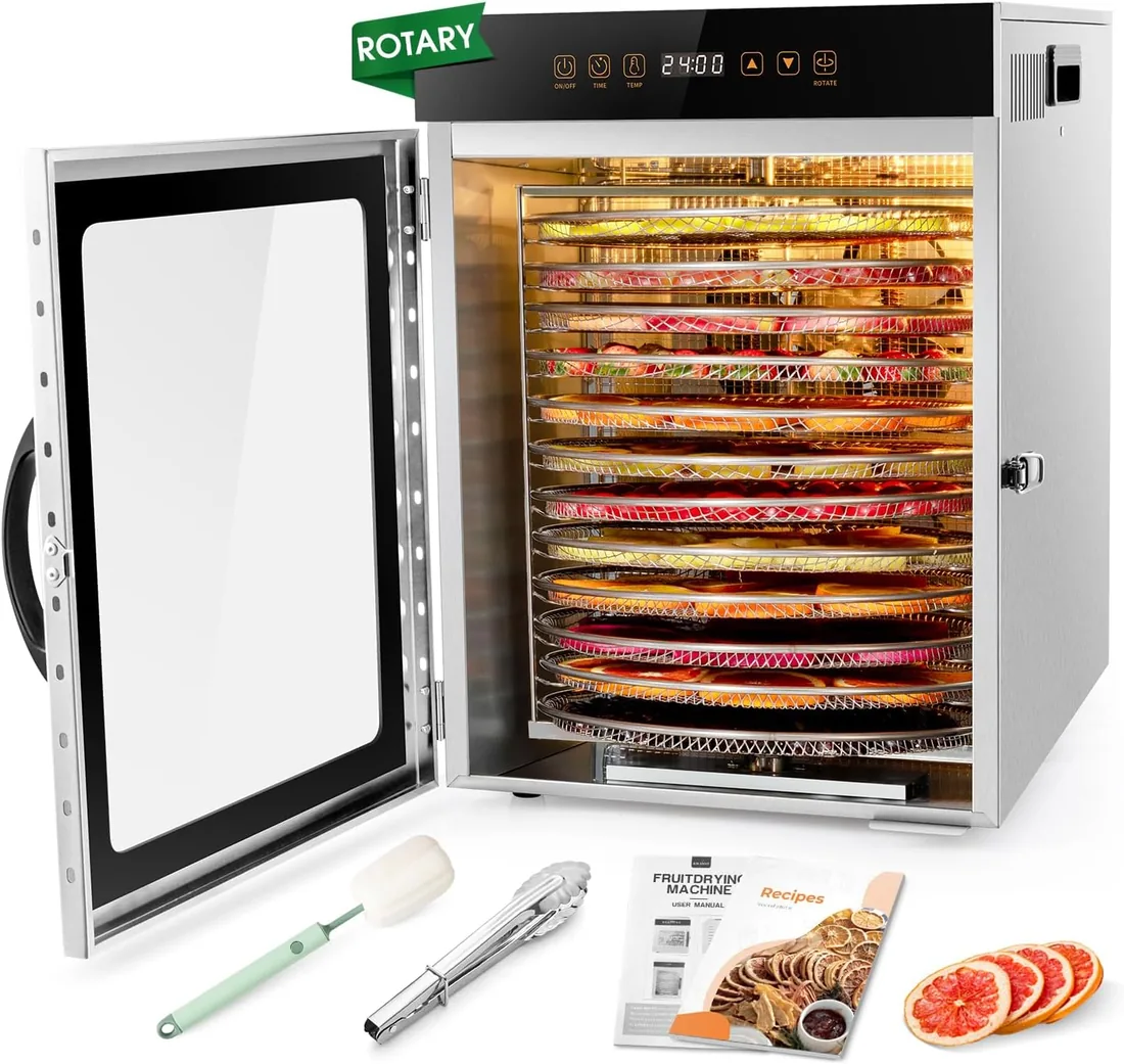 Kwasyo Deshidratador de Alimentos de Acero Inoxidable con 12 Rotar Bandejas, 1000W Secado eficiente de 720° con doble ventilador, Temporizador Temperatura Ajustabledeshidrata fruta, carne, verduras