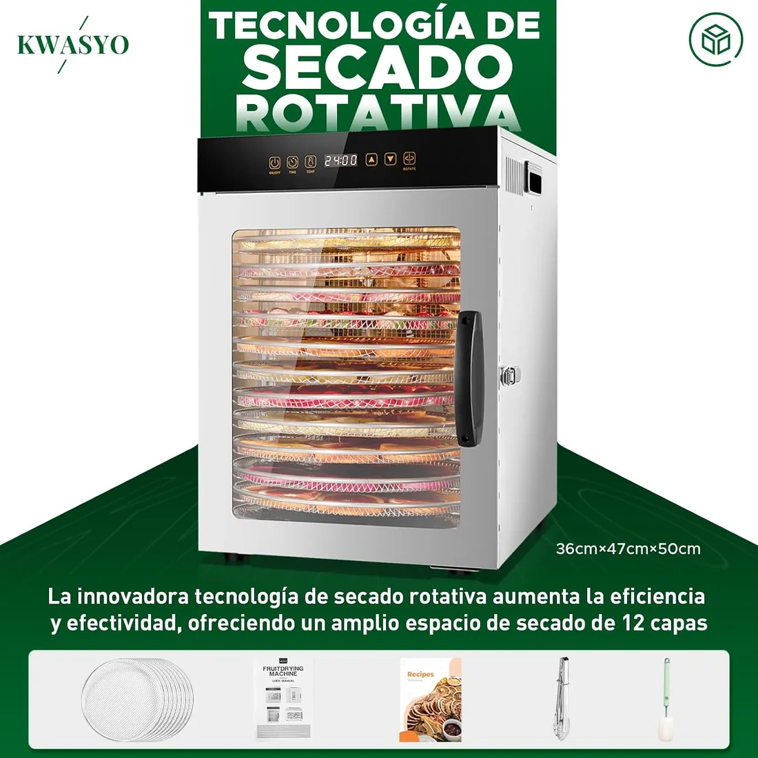 Kwasyo Deshidratador de Alimentos de Acero Inoxidable con 12 Rotar Bandejas, 1000W Secado eficiente de 720° con doble ventilador, Temporizador Temperatura Ajustabledeshidrata fruta, carne, verduras foto 3