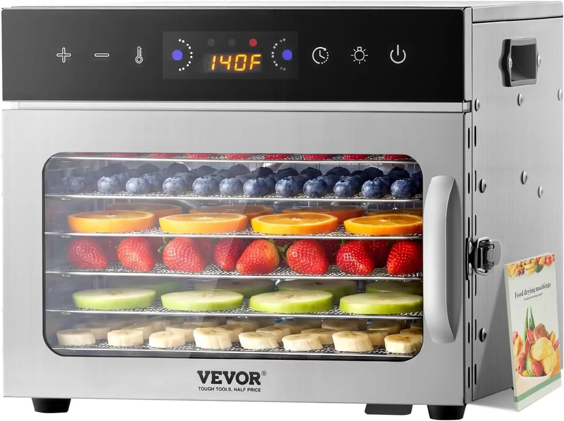 VEVOR Deshidratador de Alimentos 6 Bandejas de Acero Inoxidable Secador de Alimentos Eléctrico 400 W con Temperatura Ajustable y Temporizador de 24 Horas para Cecina, Frutas, Verduras, Hierbas