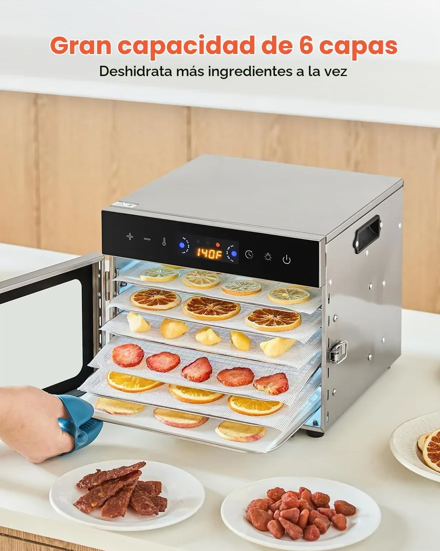 VEVOR Deshidratador de Alimentos 6 Bandejas de Acero Inoxidable Secador de Alimentos Eléctrico 400 W con Temperatura Ajustable y Temporizador de 24 Horas para Cecina, Frutas, Verduras, Hierbas foto 2