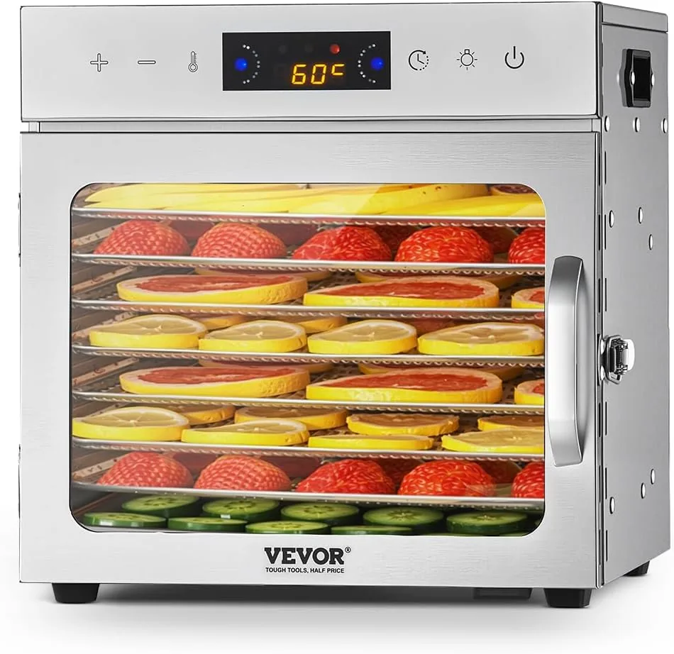 VEVOR Deshidratador de Alimentos 8 Bandejas de Acero Inoxidable Secador de Alimentos Eléctrico 400 W con Temperatura Ajustable y Temporizador de 24 Horas para Cecina, Frutas, Verduras, Hierbas