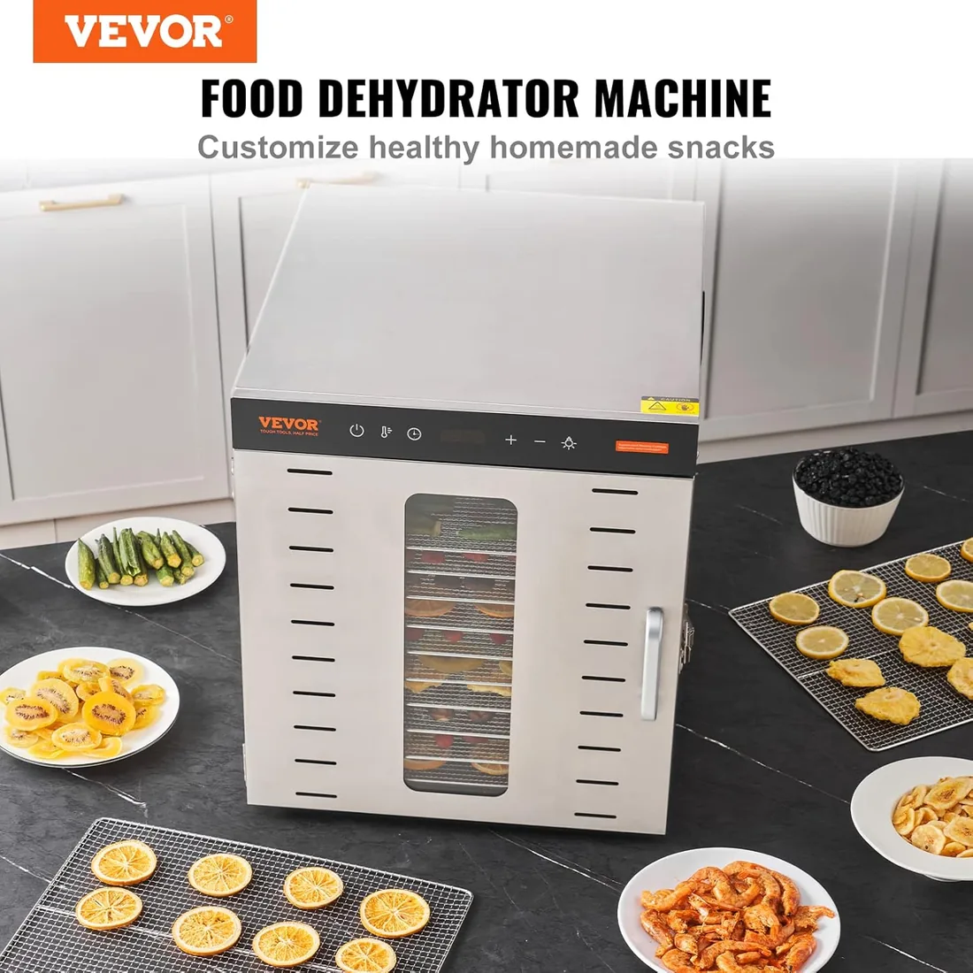 VEVOR Máquina Deshidratadora de Alimentos 10 Bandejas de Acero Inoxidable 1000 W Deshidratador Eléctrico de Frutas y Verduras Temperatura Ajustable 30-90 °C Temporizador 0,5-48 h para Hierbas, Carne foto 2