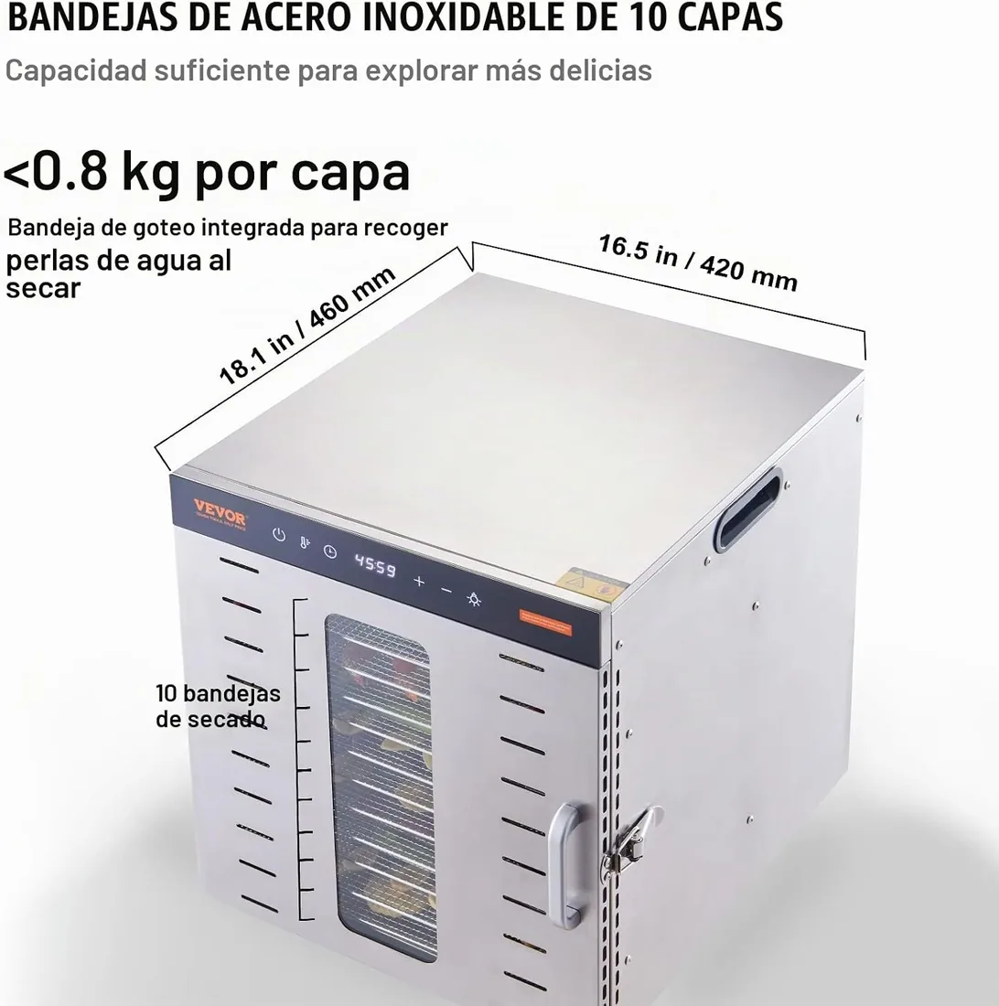 VEVOR Máquina Deshidratadora de Alimentos 10 Bandejas de Acero Inoxidable 1000 W Deshidratador Eléctrico de Frutas y Verduras Temperatura Ajustable 30-90 °C Temporizador 0,5-48 h para Hierbas, Carne foto 3