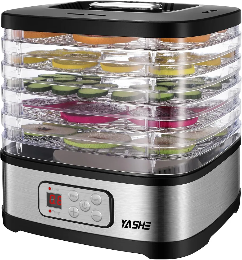 YASHE GGJ-261B Deshidratador de Alimentos, Control de Temperatura de 35 a 70°C y Temporizador de 72 Horas, 5 Bandejas de Altura Ajustable, Deshidratador de Frutas y Verduras, 240 Vatios, Sin BPA