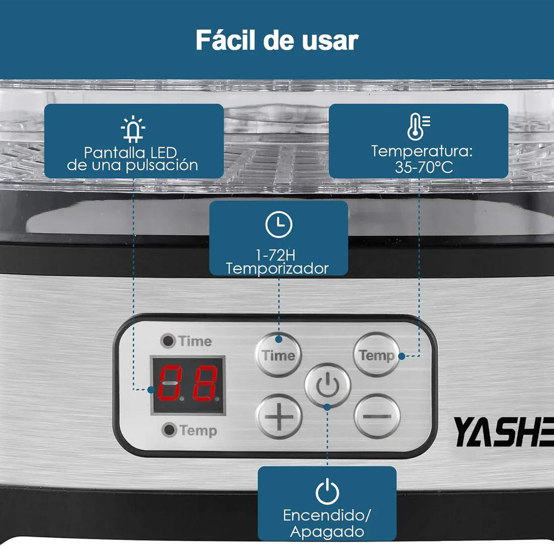 YASHE GGJ-261B Deshidratador de Alimentos, Control de Temperatura de 35 a 70°C y Temporizador de 72 Horas, 5 Bandejas de Altura Ajustable, Deshidratador de Frutas y Verduras, 240 Vatios, Sin BPA foto 2