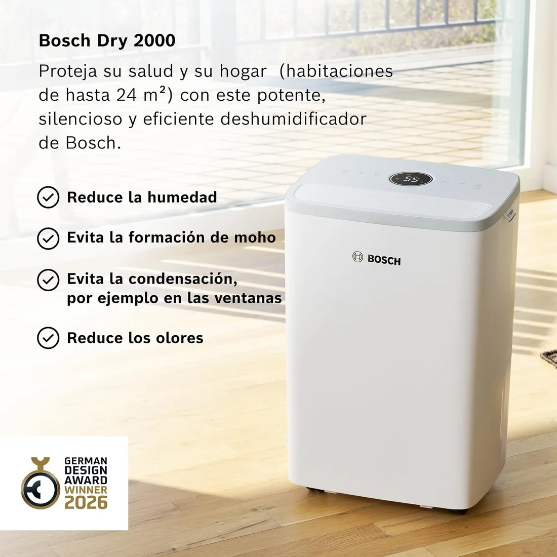 Bosch Dry 2000, Deshumidificador, Para estancias de hasta 24 m² | Simple, Eficiente, Silencioso, Ideal para tu Hogar y el Secado Rápido de tu Ropa foto 2