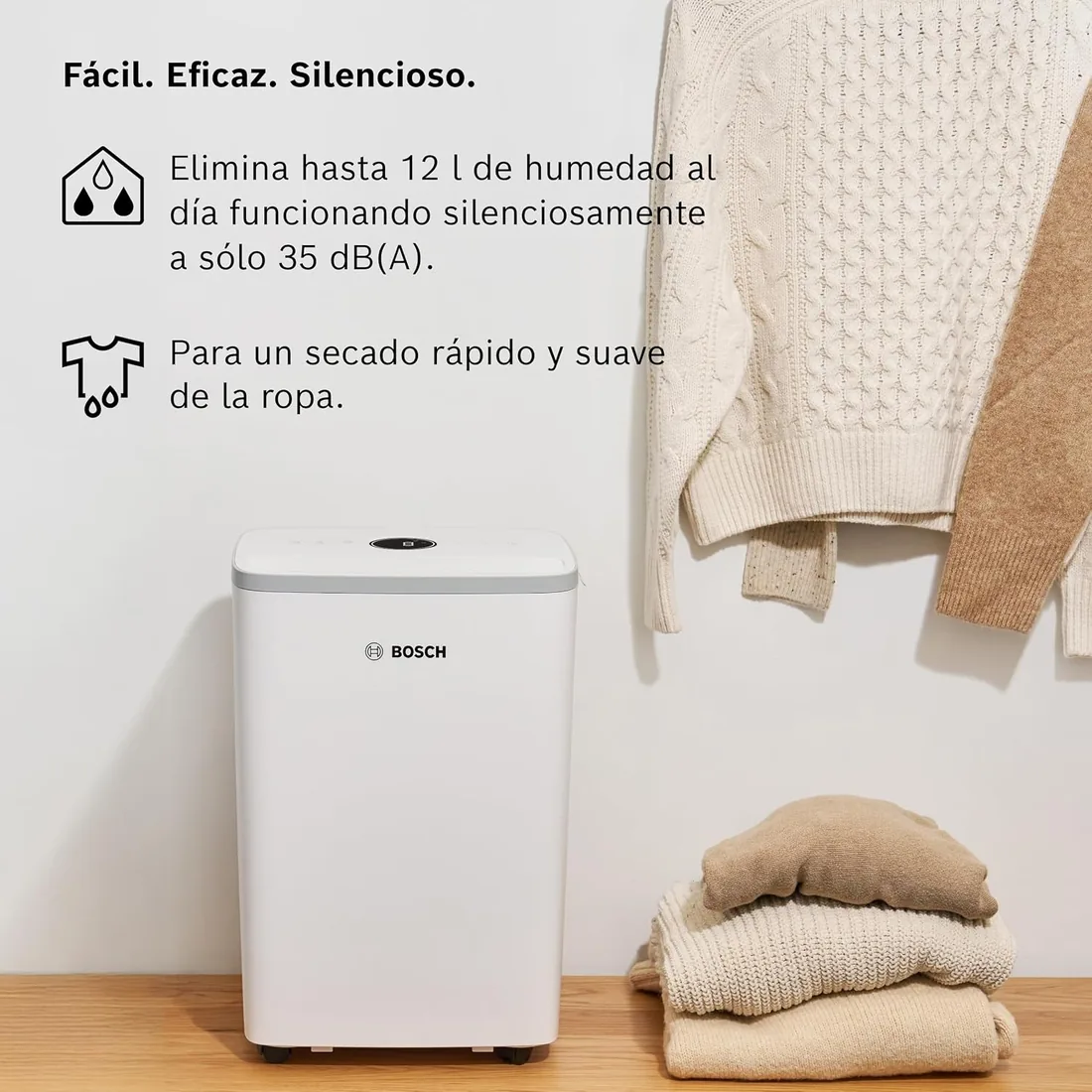 Bosch Dry 2000, Deshumidificador, Para estancias de hasta 24 m² | Simple, Eficiente, Silencioso, Ideal para tu Hogar y el Secado Rápido de tu Ropa foto 3