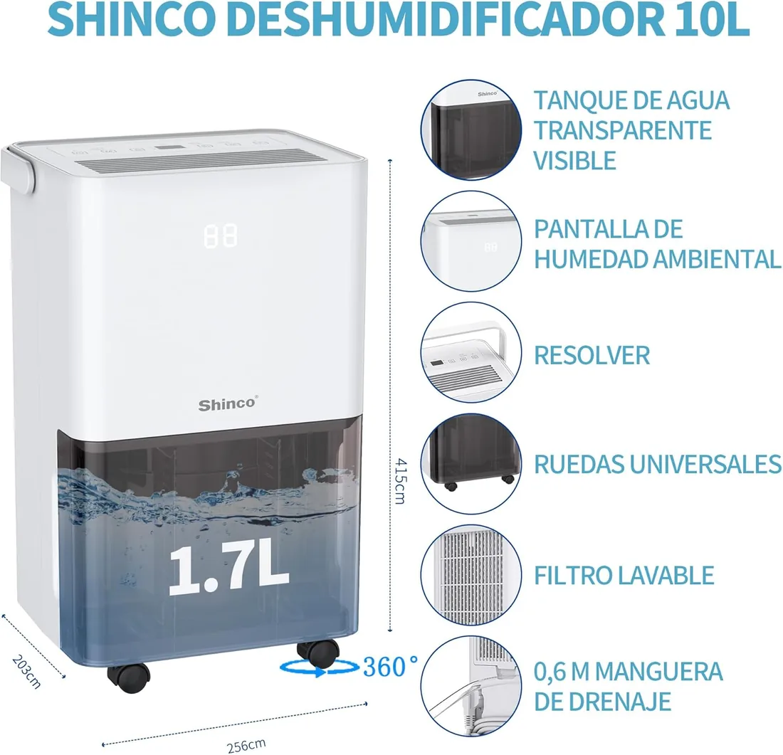 SHINCO Deshumidificador de aire silencioso 10L/día, para Max 15㎡, función de deshumidificación, purificación, secadora, temporizador 24h, depósito de agua transparente, fácil de controlar foto 2
