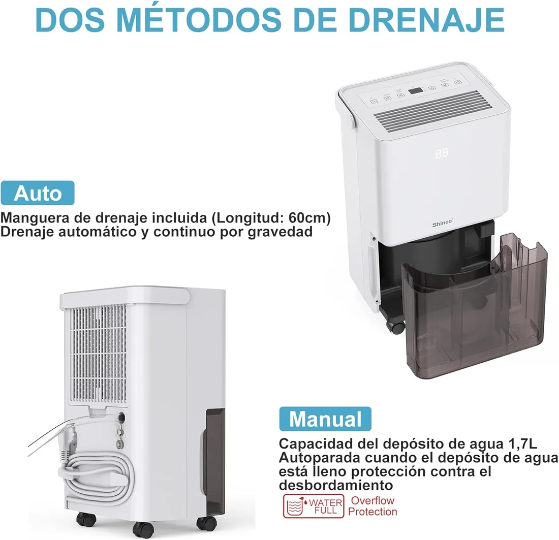 SHINCO Deshumidificador de aire silencioso 10L/día, para Max 15㎡, función de deshumidificación, purificación, secadora, temporizador 24h, depósito de agua transparente, fácil de controlar foto 3