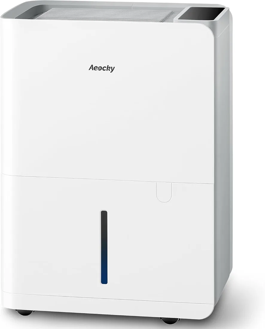AEOCKY Deshumidificador 25 l/día, Secado de Ropa, Depósito 2,7 l | Para dormitorio, baño y sótano; cubre 200 m³/50 m², drenaje continuo, ruedas, asa y pantalla LED de humedad