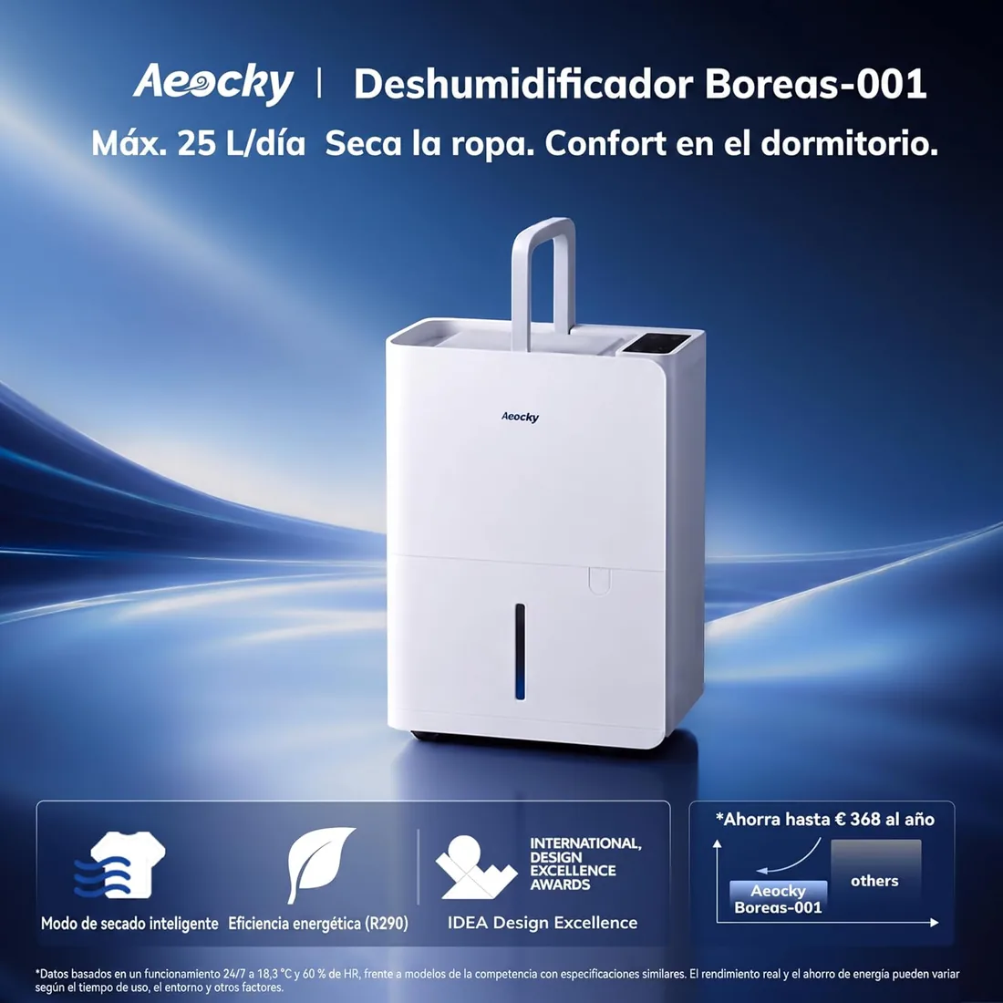 AEOCKY Deshumidificador 25 l/día, Secado de Ropa, Depósito 2,7 l | Para dormitorio, baño y sótano; cubre 200 m³/50 m², drenaje continuo, ruedas, asa y pantalla LED de humedad foto 3