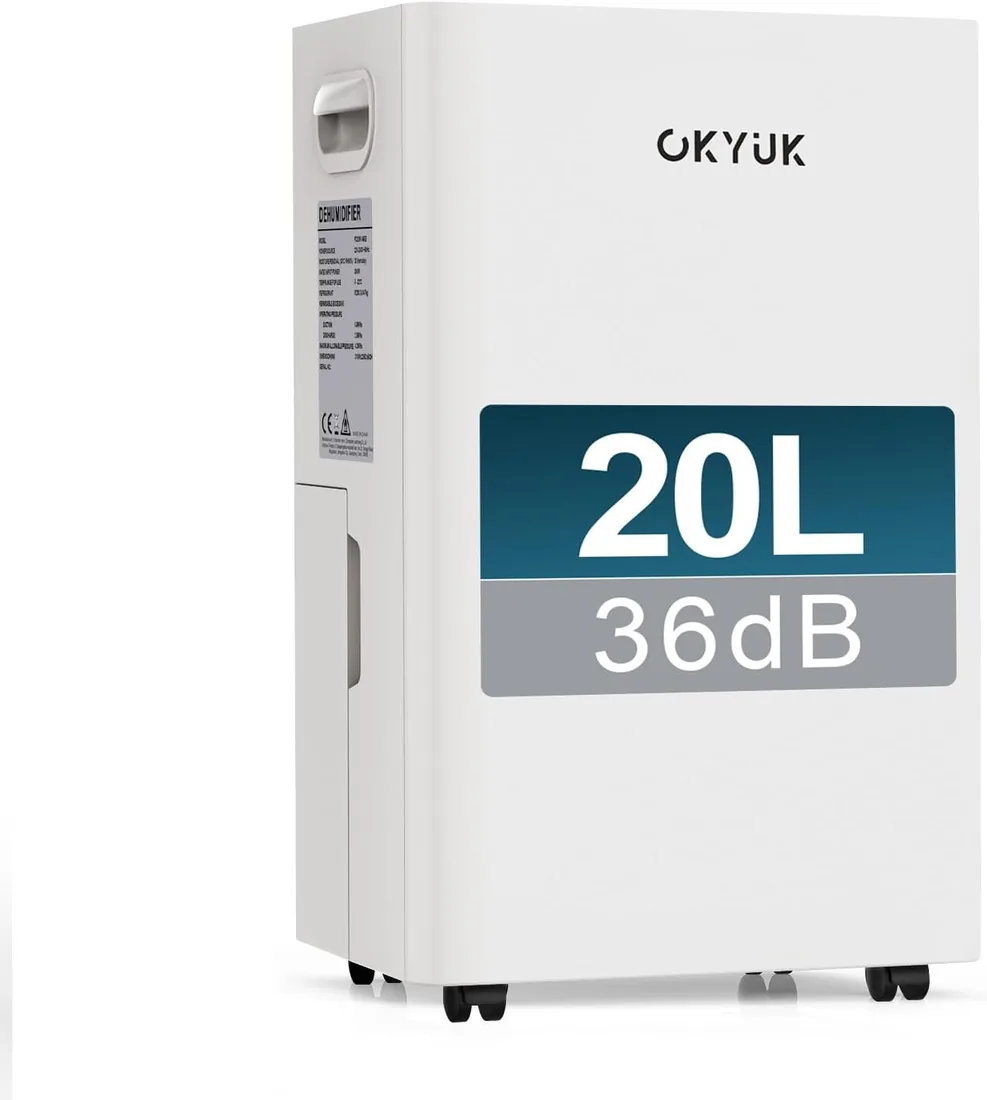Deshumidificador 20L con Indicador Digital de Humedad,Deshumificadores de humedad Deshumidificador para Hogar hasta 60m² con Apagado Automático, Ideal para, Baños, Dormitorios, Sótanos (20L Blanco)
