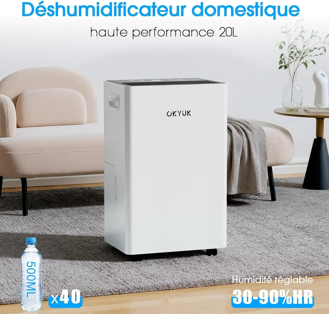 Deshumidificador 20L con Indicador Digital de Humedad,Deshumificadores de humedad Deshumidificador para Hogar hasta 60m² con Apagado Automático, Ideal para, Baños, Dormitorios, Sótanos (20L Blanco) foto 2