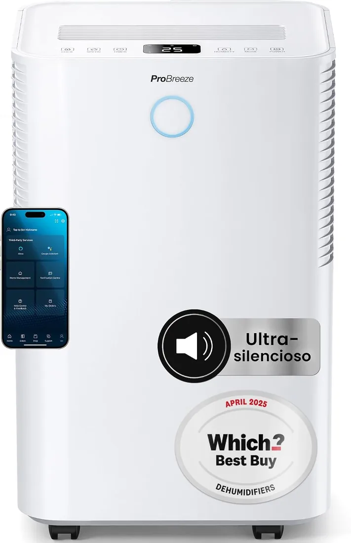 Pro Breeze OmniDry Deshumidificador 20L/Día hasta 30 M², WiFI, Depósito 4L, Secado de Ropa, Sensor de Humedad, Temporizador 24H, Modo Nocturno - Antihumedad, Moho y Condensación