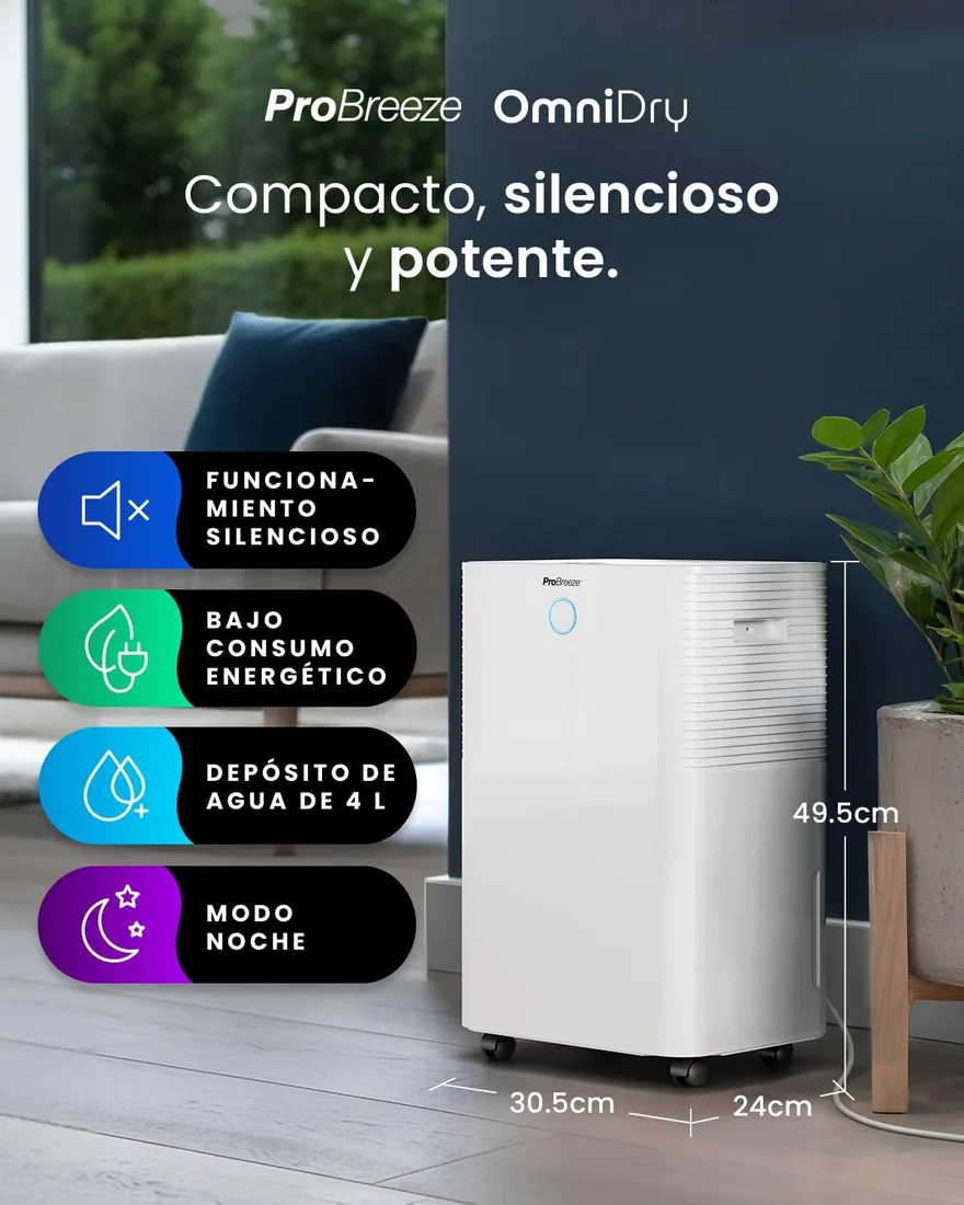 Pro Breeze OmniDry Deshumidificador 20L/Día hasta 30 M², WiFI, Depósito 4L, Secado de Ropa, Sensor de Humedad, Temporizador 24H, Modo Nocturno - Antihumedad, Moho y Condensación foto 2