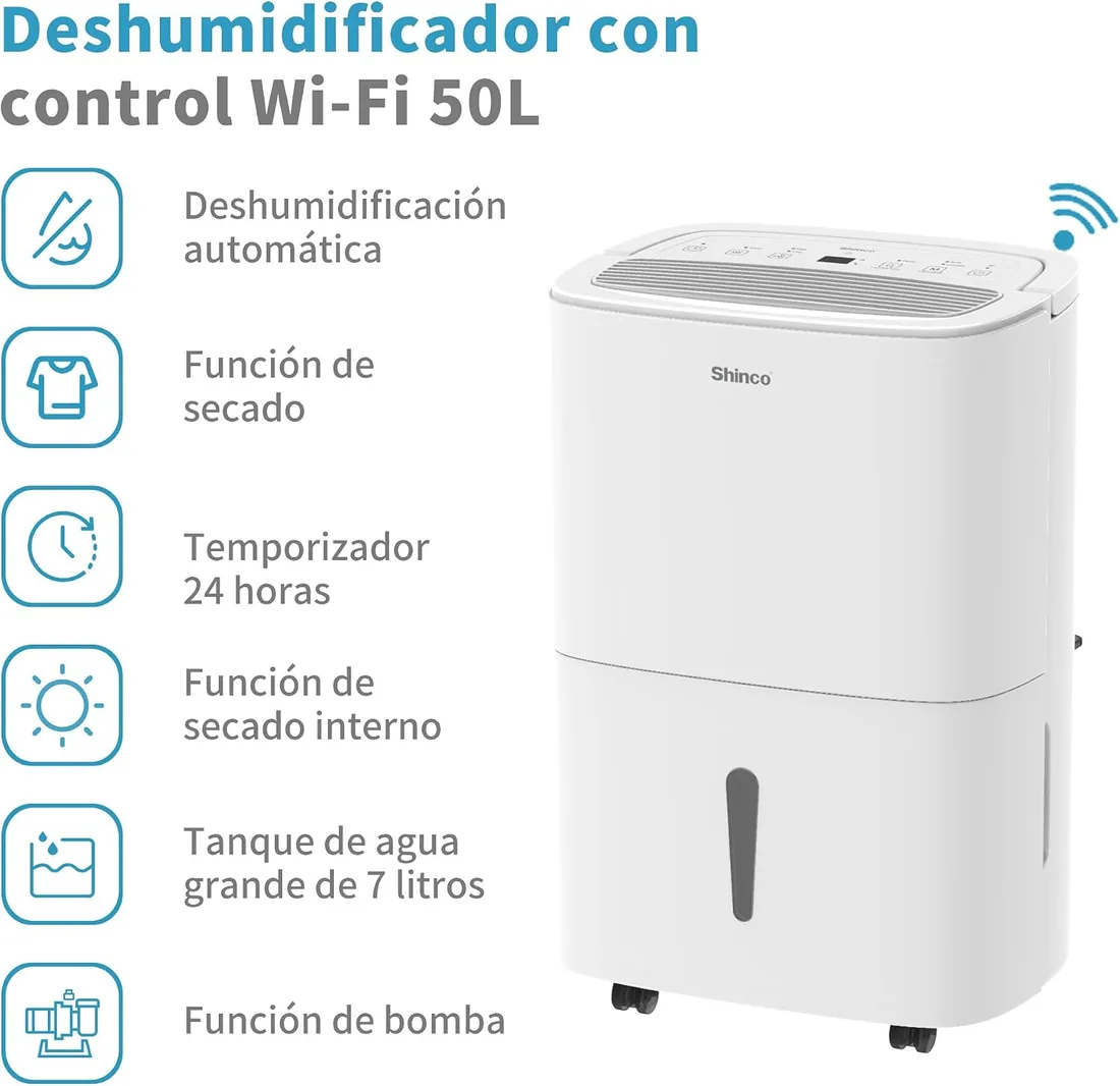 SHINCO WIFI Deshumidificador Portátil 50L/Día con Bomba Elevadora, Purificador de Aire, Filtro de Carbón Activado, Temporizador de 24 Horas, Drenaje Continuo, Función de Secadora, Blanco foto 2