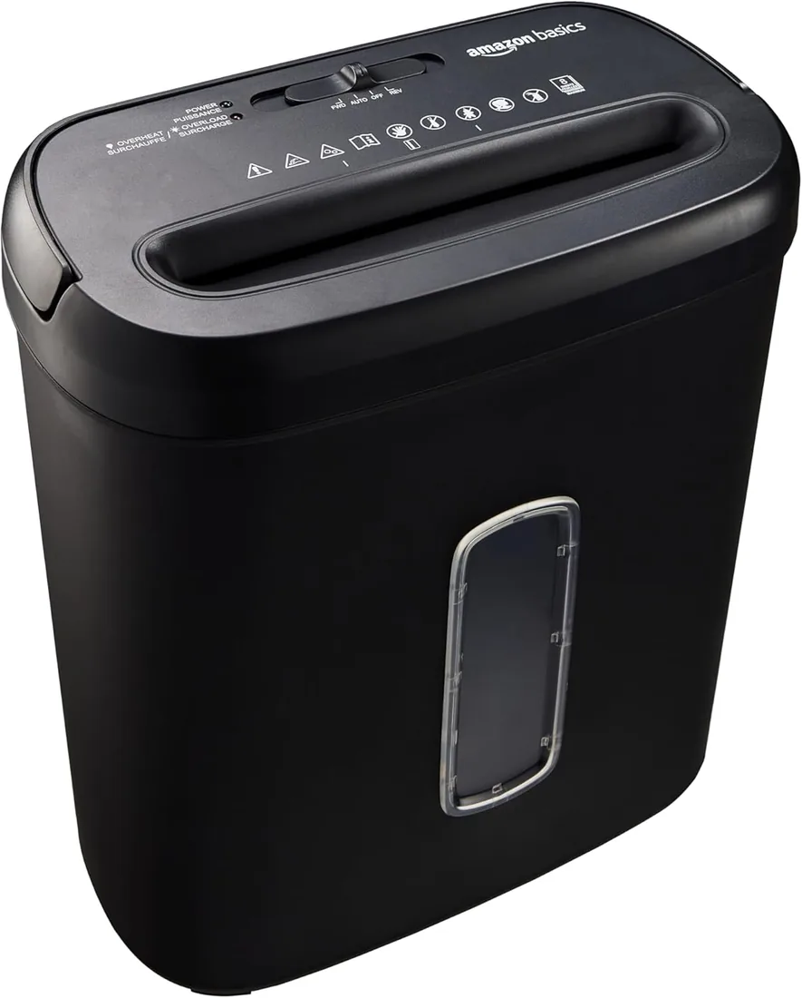 Amazon Basics Trituradora de Papel de Corte Cruzado, de 8 Hojas, con Ventana Transparente, para Documentos y Tarjetas de Crédito, Papelera de 14L, Color Negro