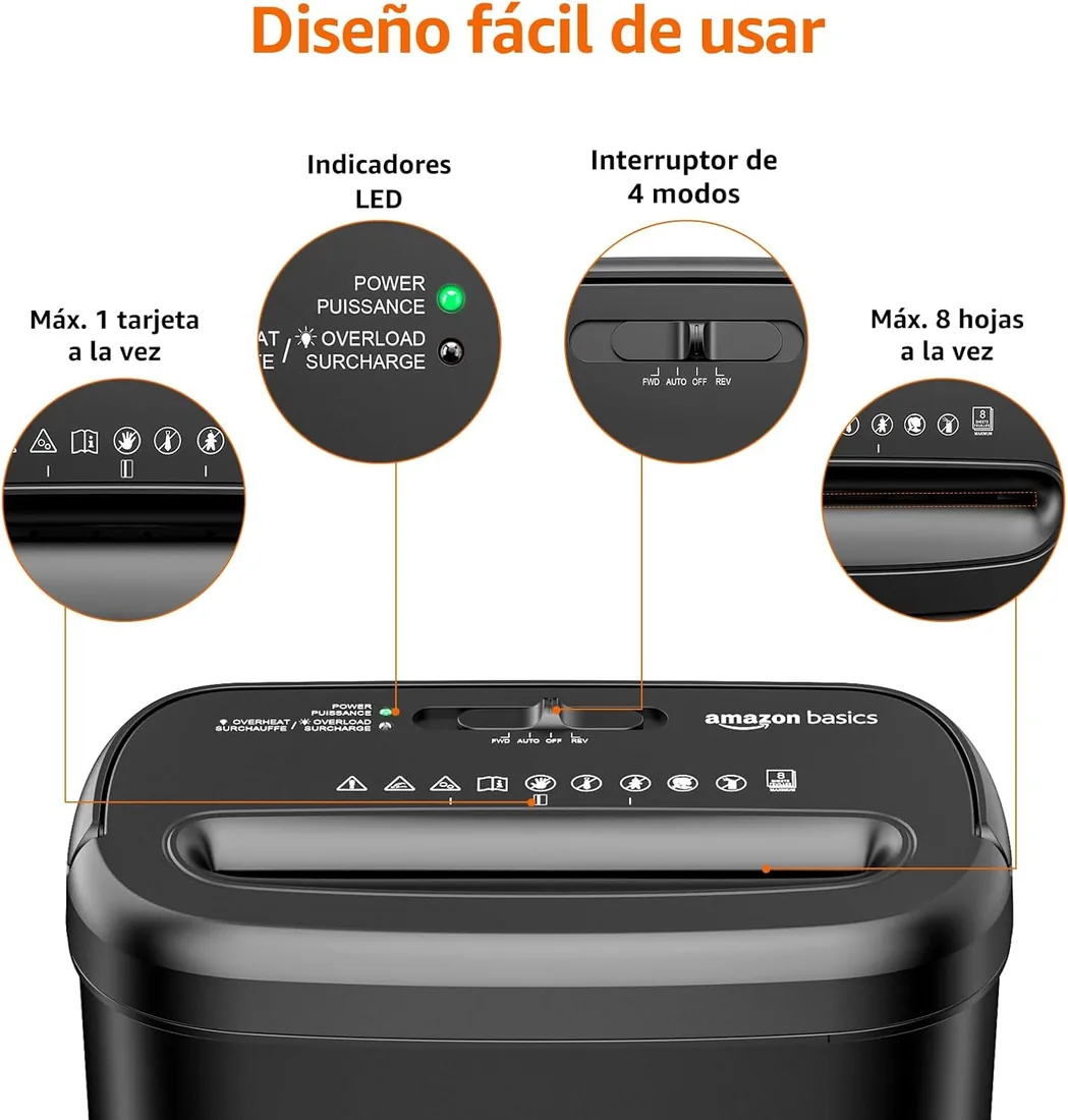 Amazon Basics Trituradora de Papel de Corte Cruzado, de 8 Hojas, con Ventana Transparente, para Documentos y Tarjetas de Crédito, Papelera de 14L, Color Negro foto 2