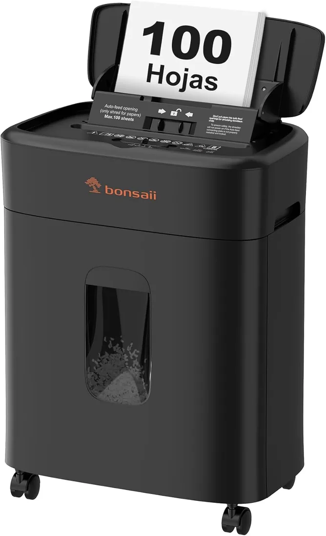 Bonsaii Destructora de Papel 100 Hojas Auto-Feed, Microcorte P-4 | Antiatasco, 30 min continuo, depósito 16 L, silencioso, para hogar y oficina, C231-D