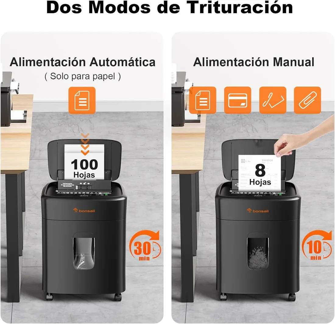 Bonsaii Destructora de Papel 100 Hojas Auto-Feed, Microcorte P-4 | Antiatasco, 30 min continuo, depósito 16 L, silencioso, para hogar y oficina, C231-D foto 2