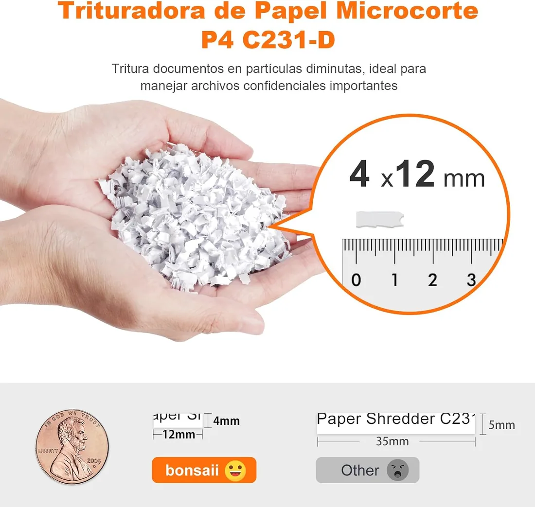 Bonsaii Destructora de Papel 100 Hojas Auto-Feed, Microcorte P-4 | Antiatasco, 30 min continuo, depósito 16 L, silencioso, para hogar y oficina, C231-D foto 3