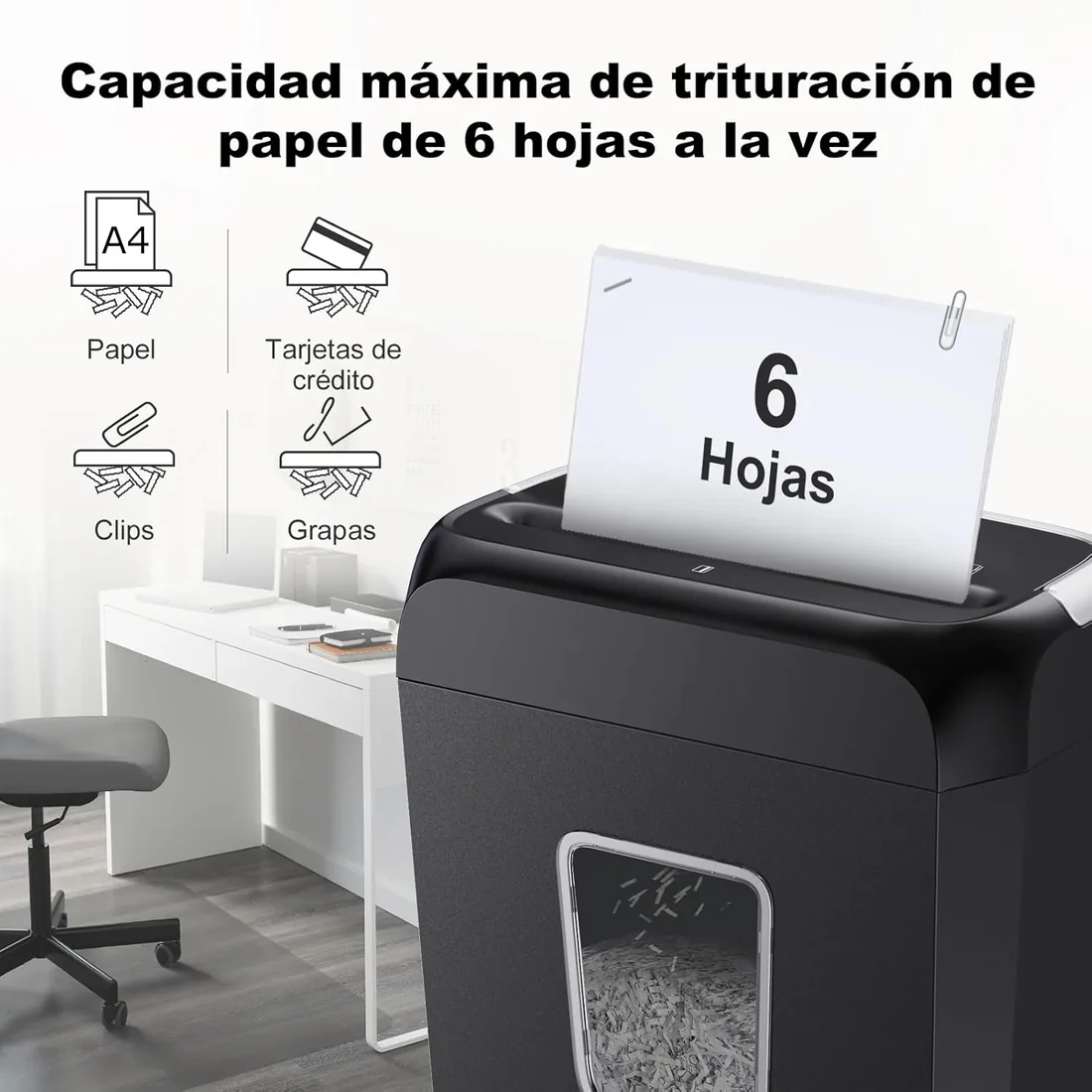 Bonsaii Destructora de Papel 6 Hojas, Corte en Partículas P-4 para Tarjetas | Destruye grapas y tarjetas, Papelera 13L, Alta seguridad P-4, Ideal para hogar y oficina, C237-B foto 2